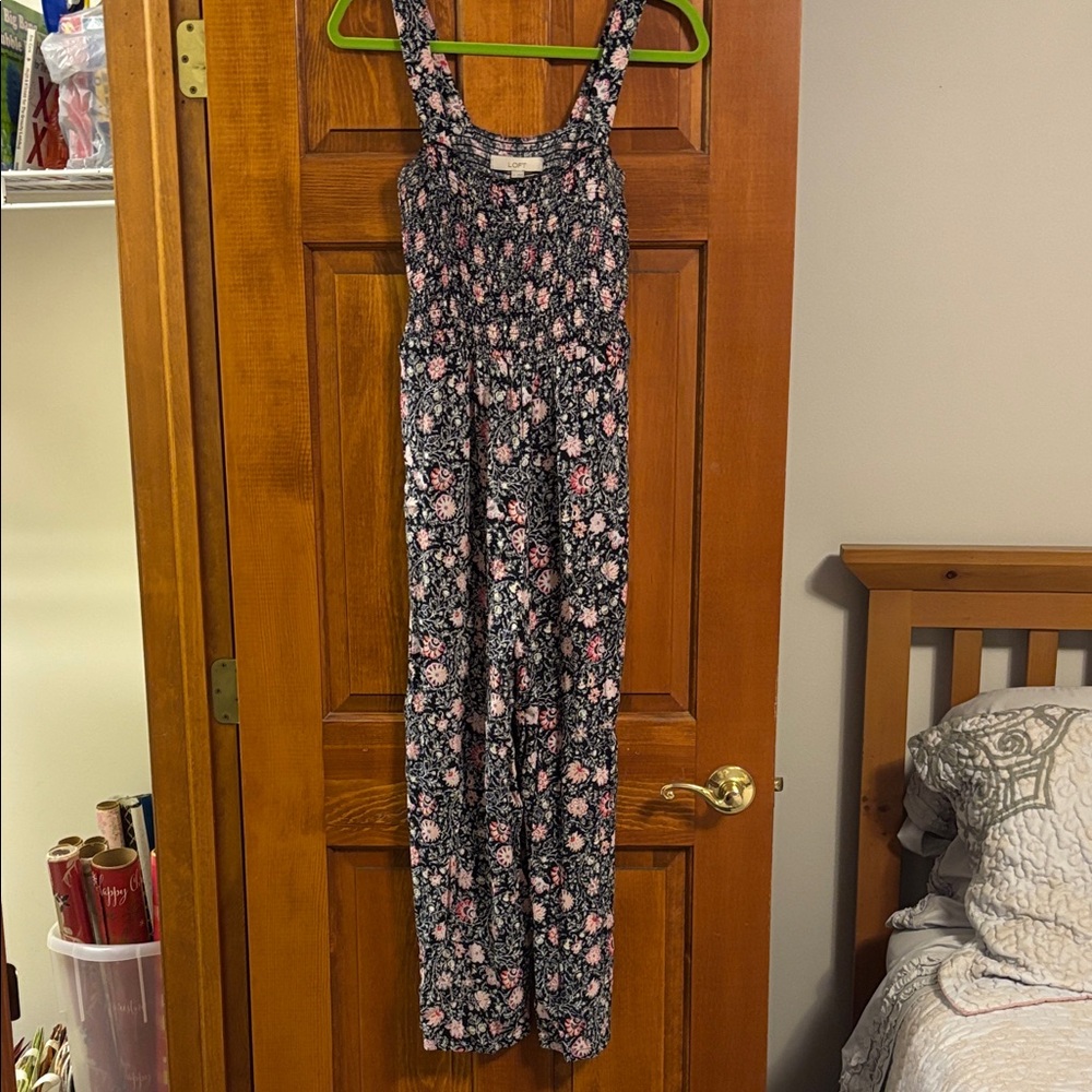 LOFT Black Floral Jumpsuit with Pink & White Flowers